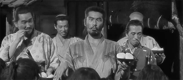 Minoru Chiaki, Isao Kimura, Toshirô Mifune et Seiji Miyaguchi dans Les Sept Samouraïs (1954)
